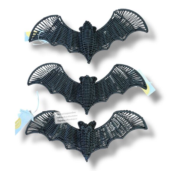 Black Wicker Bat Wall Décor Set of 3 Rattan Halloween - Picture 2 of 5